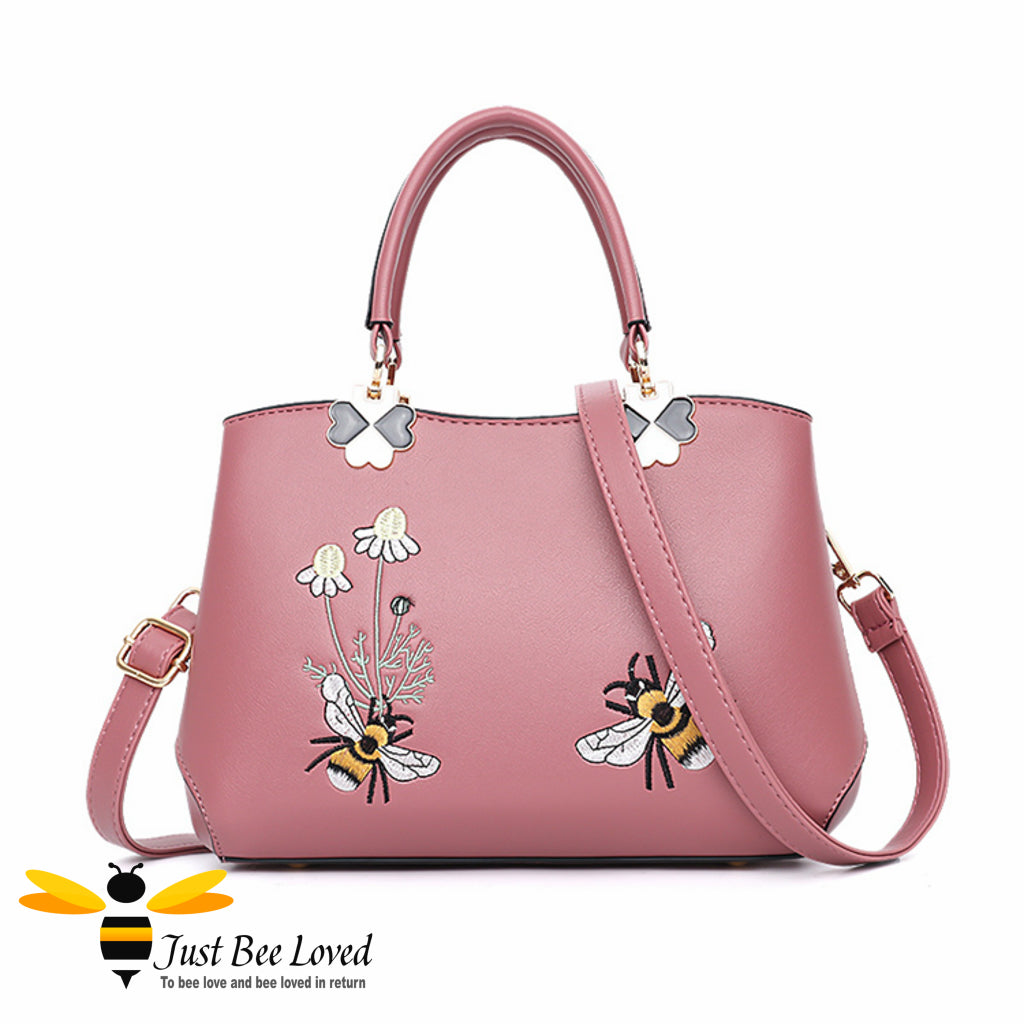 Hand embroidered bumblebees flowers faux leather handbag in pink colour