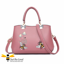 Load image into Gallery viewer, Hand embroidered bumblebees flowers faux leather handbag in pink colour