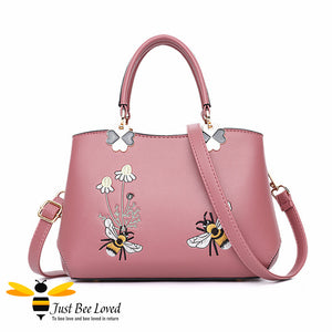 Hand embroidered bumblebees flowers faux leather handbag in pink colour