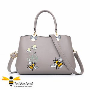 Hand embroidered bumblebees flowers faux leather handbag in taupe colour