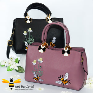 Hand embroidered bumblebees flowers faux leather handbags in black and mauve colours