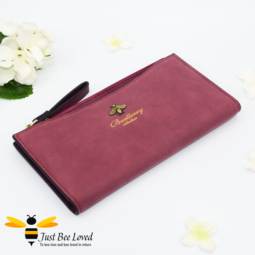 Burgundy Faux suede leather long bee wallet purse 