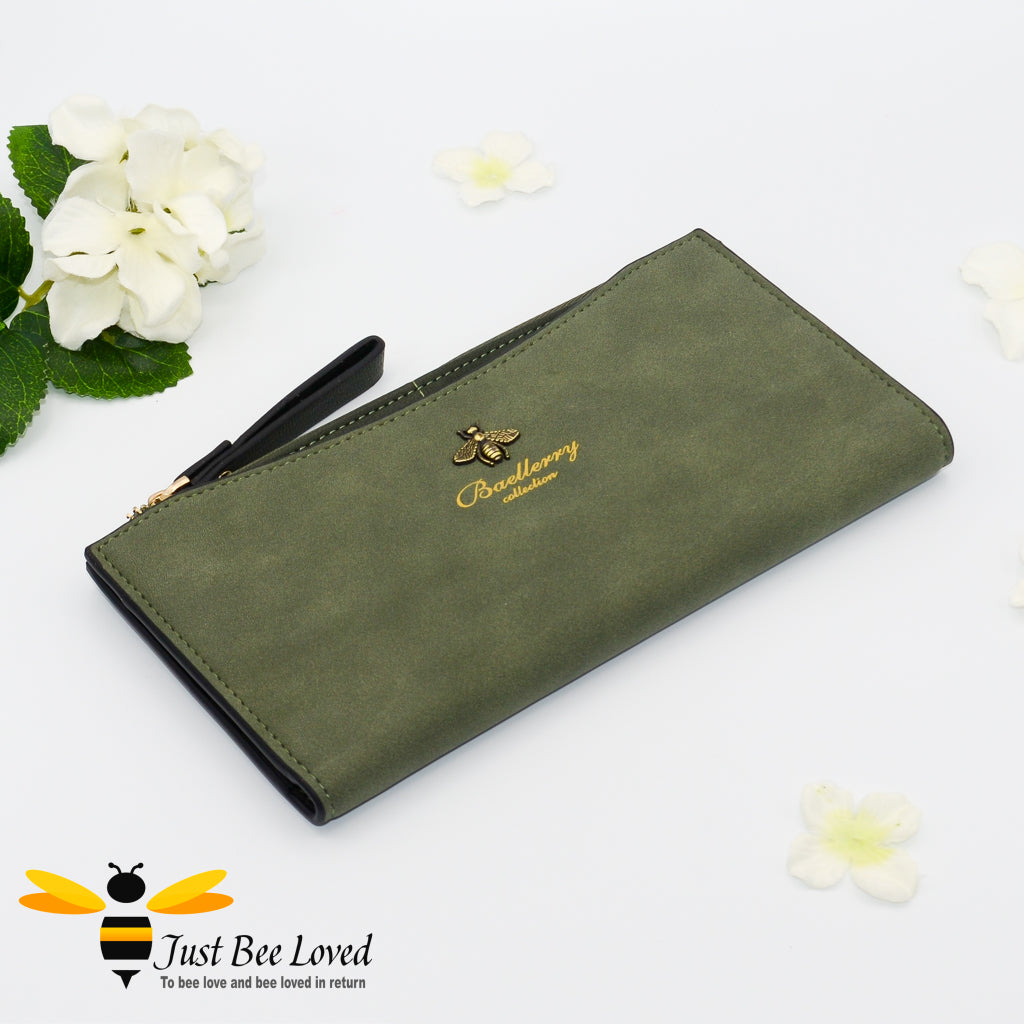 Green Faux suede leather long bee wallet purse