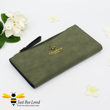 Load image into Gallery viewer, Faux suede leather long bee wallet purse in green colour