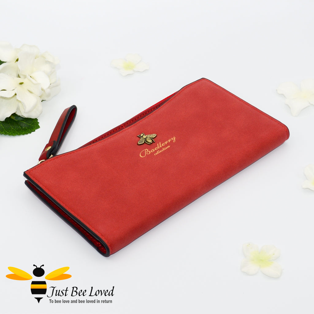 Red Faux suede leather long bee wallet purse