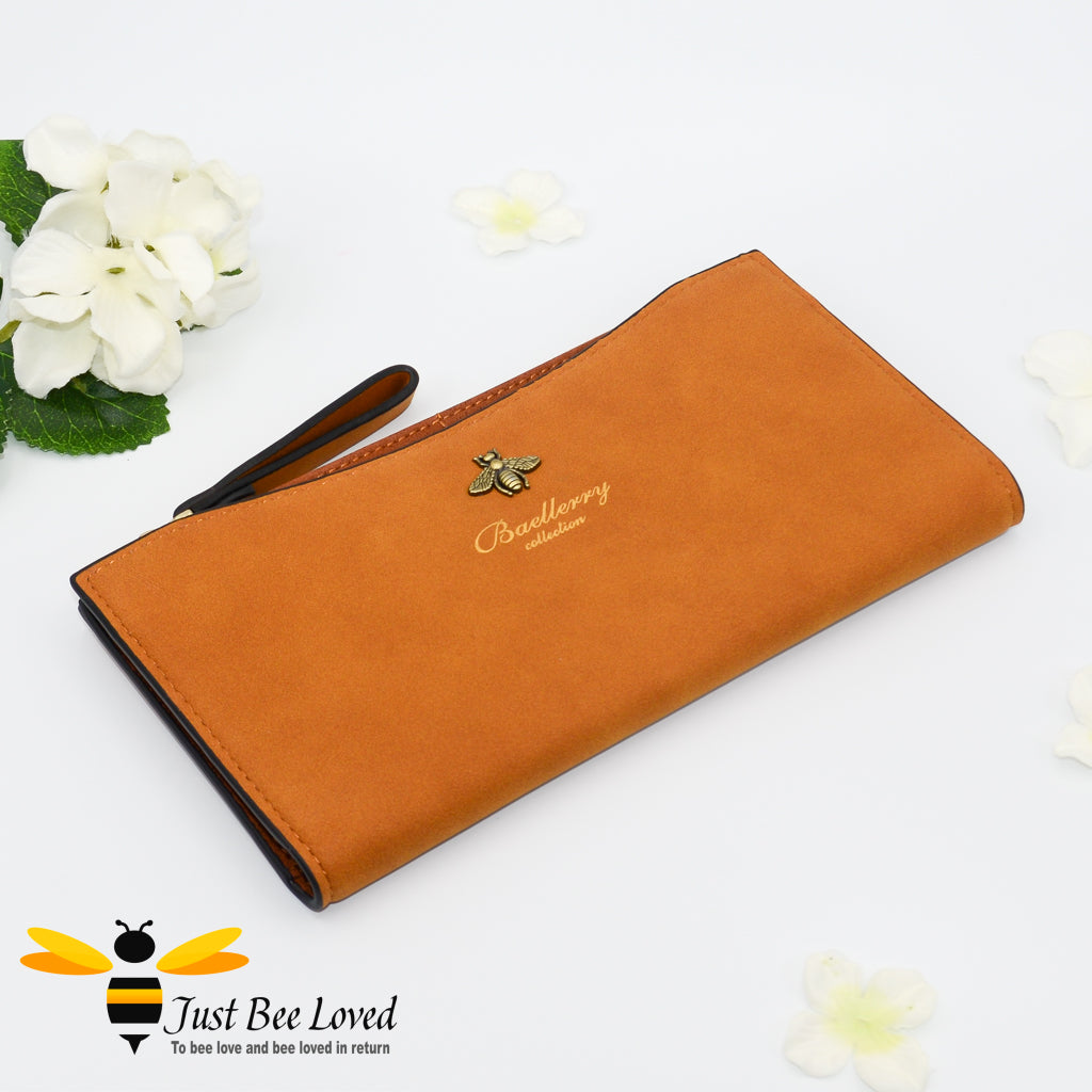 Mustard Faux suede leather long bee wallet purse
