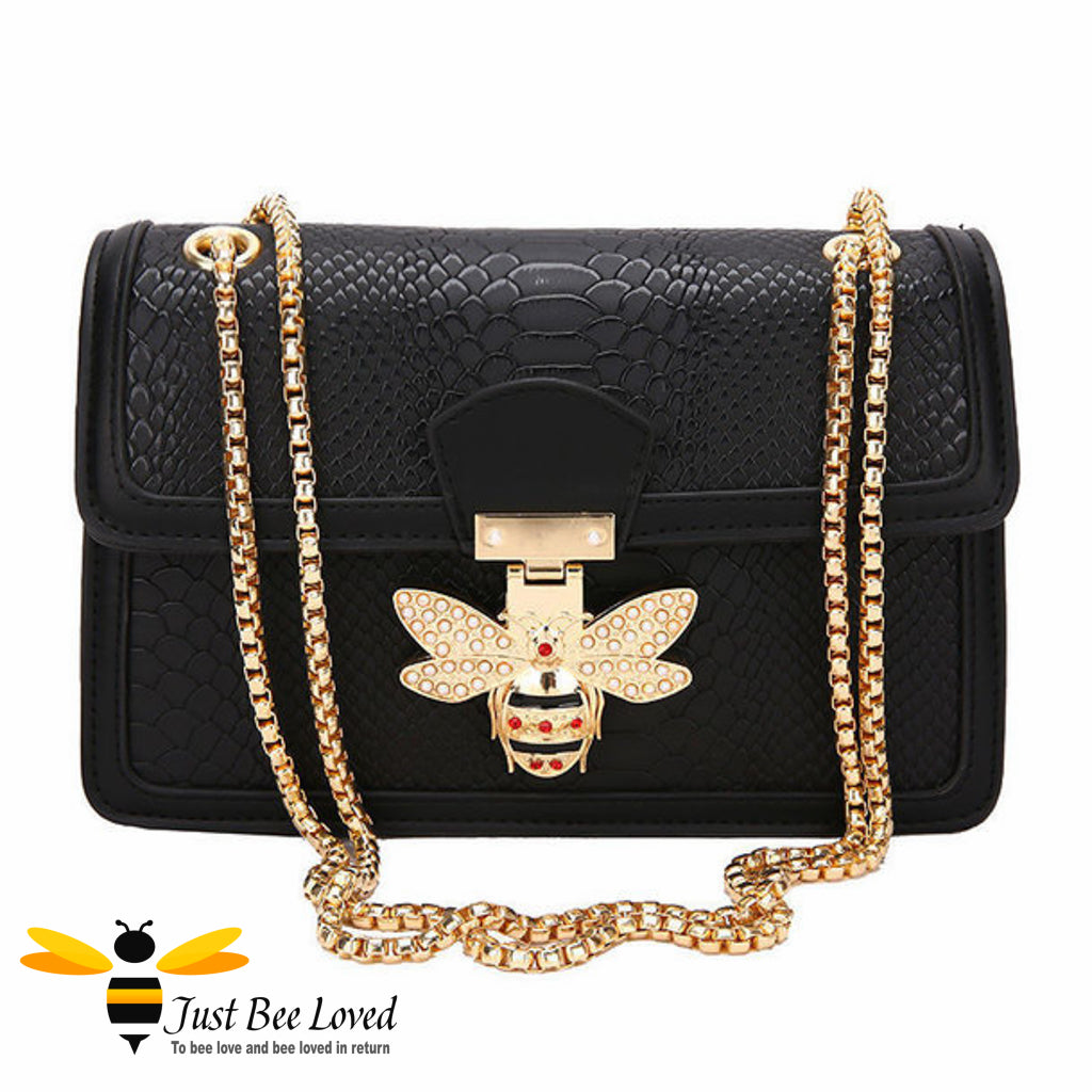 Embossed textured pu leather black handbag with bee decoration