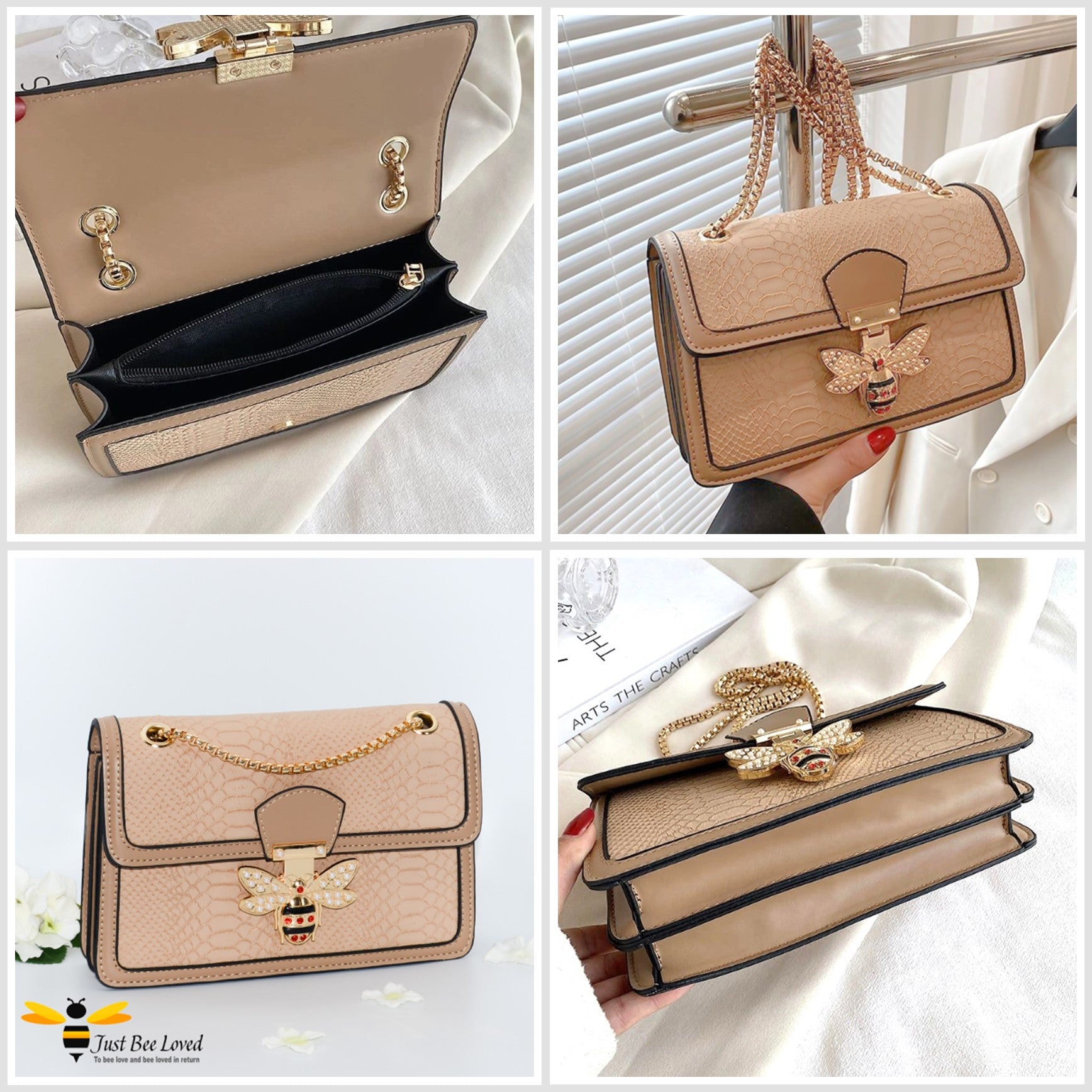 gallery of a Faux snake skin textured pu leather handbag with bee decoration in taupe colour