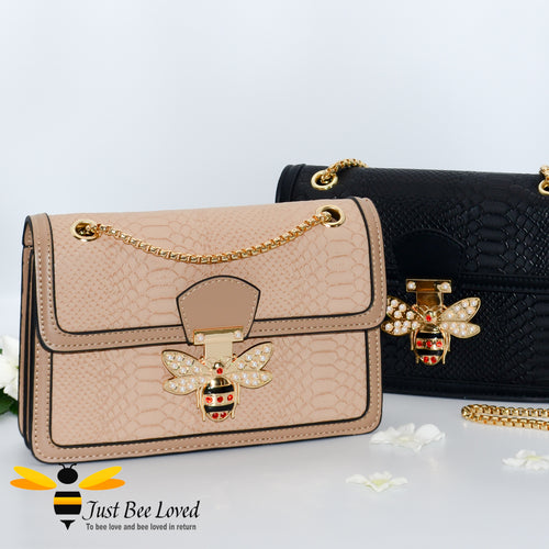 Faux snake skin textured pu leather handbags with bee decoration in taupe and black colours