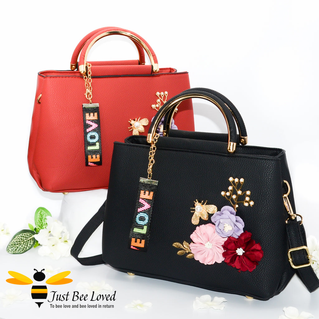hand-crafted 3D embellished PU leather shoulder handbags featuring a cluster bouquet of colourful flowers, golden leaves with a pearlised bee in black and red colours