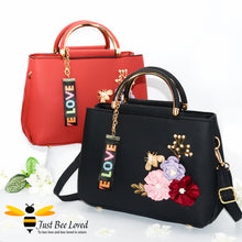Load image into Gallery viewer, hand-crafted 3D embellished PU leather shoulder handbags featuring a cluster bouquet of colourful flowers, golden leaves with a pearlised bee in black and red colours