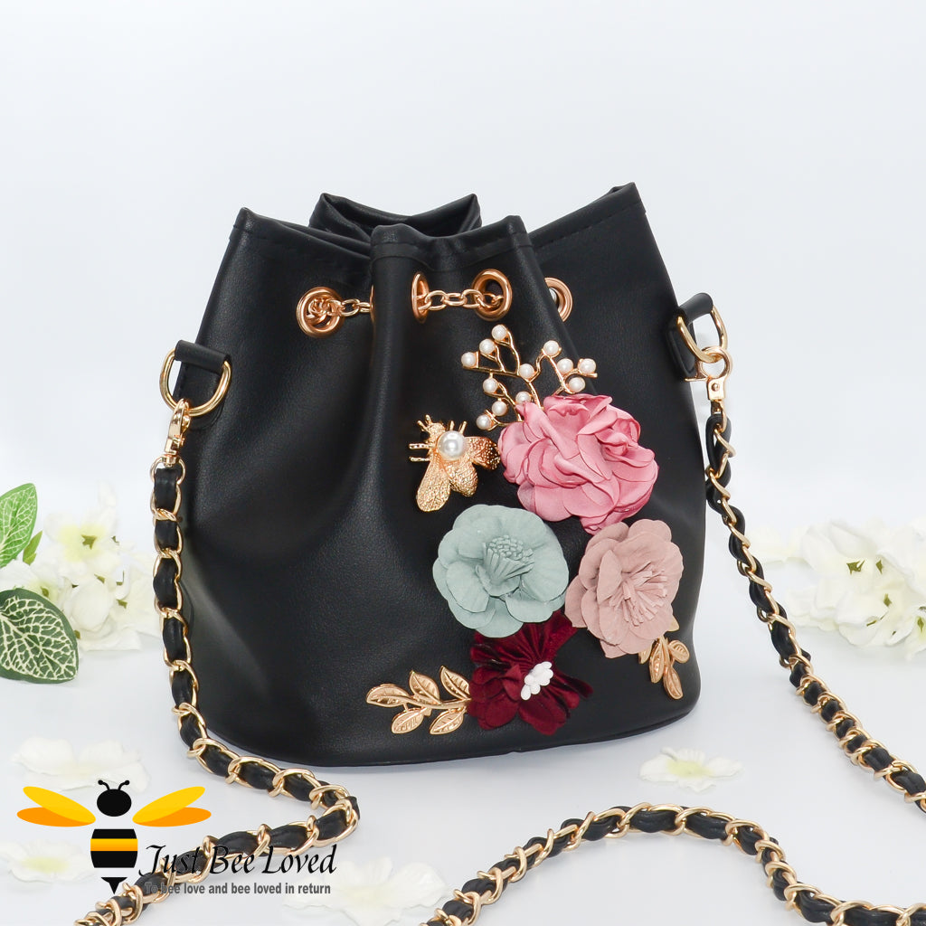 hand-crafted 3D embellished boho styled tote bag featuring a bouquet of colourful flowers, gold leaves with a pearlised bee in black colour