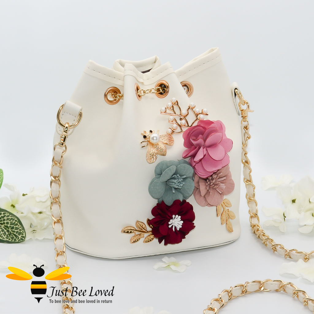 Cream boho tote bag with 3D flowers, pearls and bee embellisments