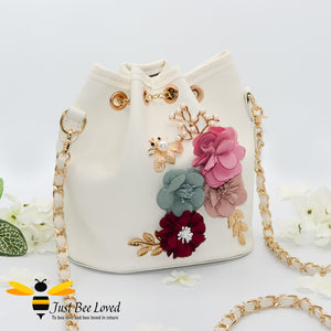 hand-crafted 3D embellished boho styled tote bag featuring a bouquet of colourful flowers, gold leaves with a pearlised bee in cream colour
