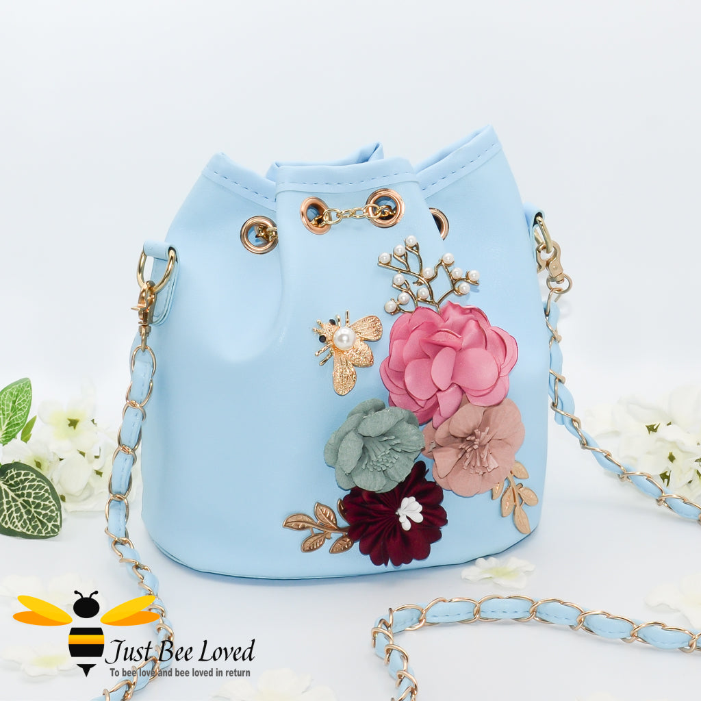 Light blue boho tote bag with 3D flowers and bee embellisments