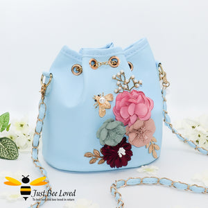 hand-crafted 3D embellished boho styled tote bag featuring a bouquet of colourful flowers, gold leaves with a pearlised bee pastel blue colour