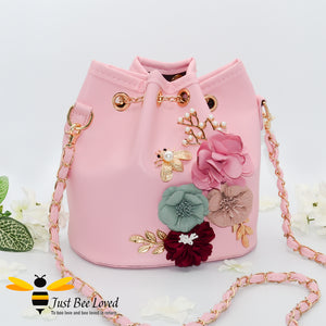 hand-crafted 3D embellished boho styled tote bag featuring a bouquet of colourful flowers, gold leaves with a pearlised bee in pink colour