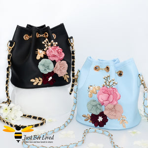 hand-crafted 3D embellished boho styled tote bags featuring a bouquet of colourful flowers, gold leaves with a pearlised bee in black and blue colours