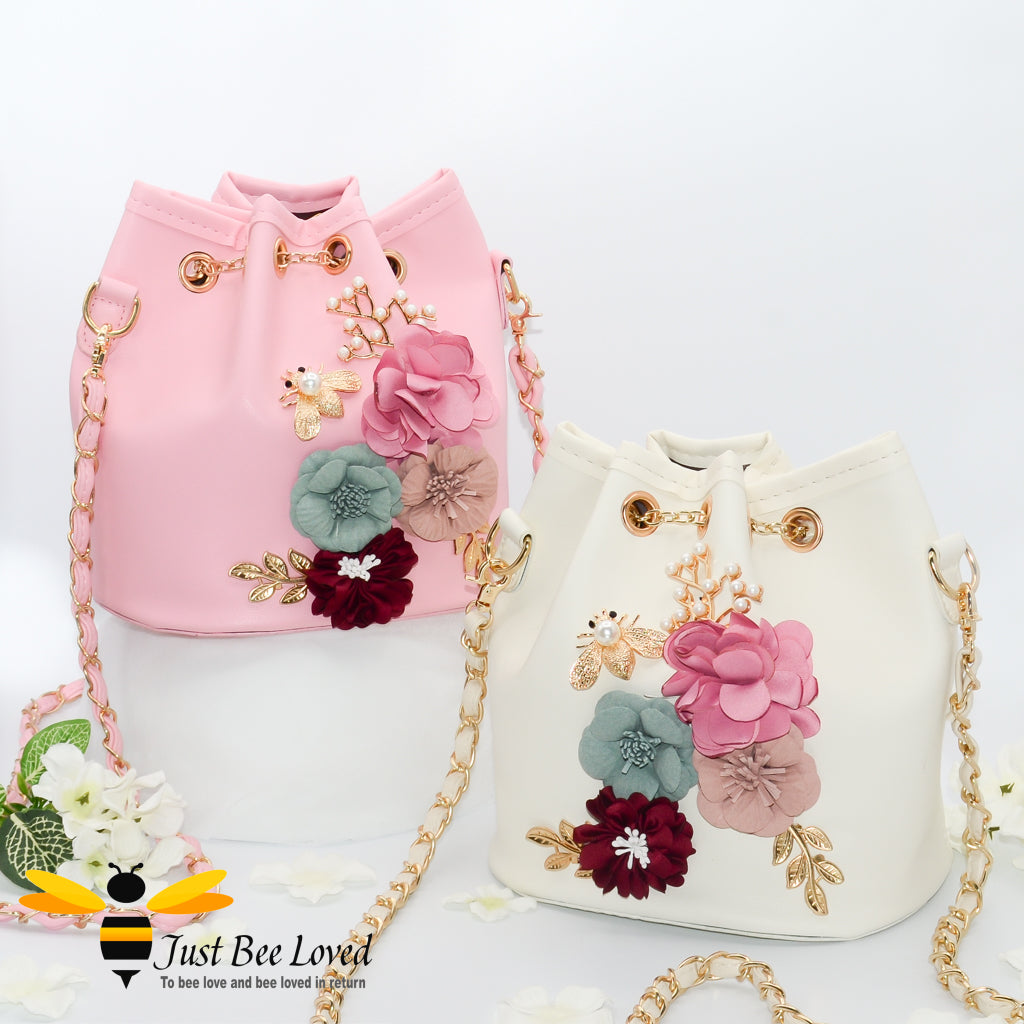 boho styled tote bags with 3d flowers, pearls, gold leaves and bee embellishments.