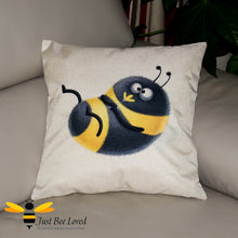 Load image into Gallery viewer, Large natural colour scatter cushion featuring playful cute bumblebee holding a flower