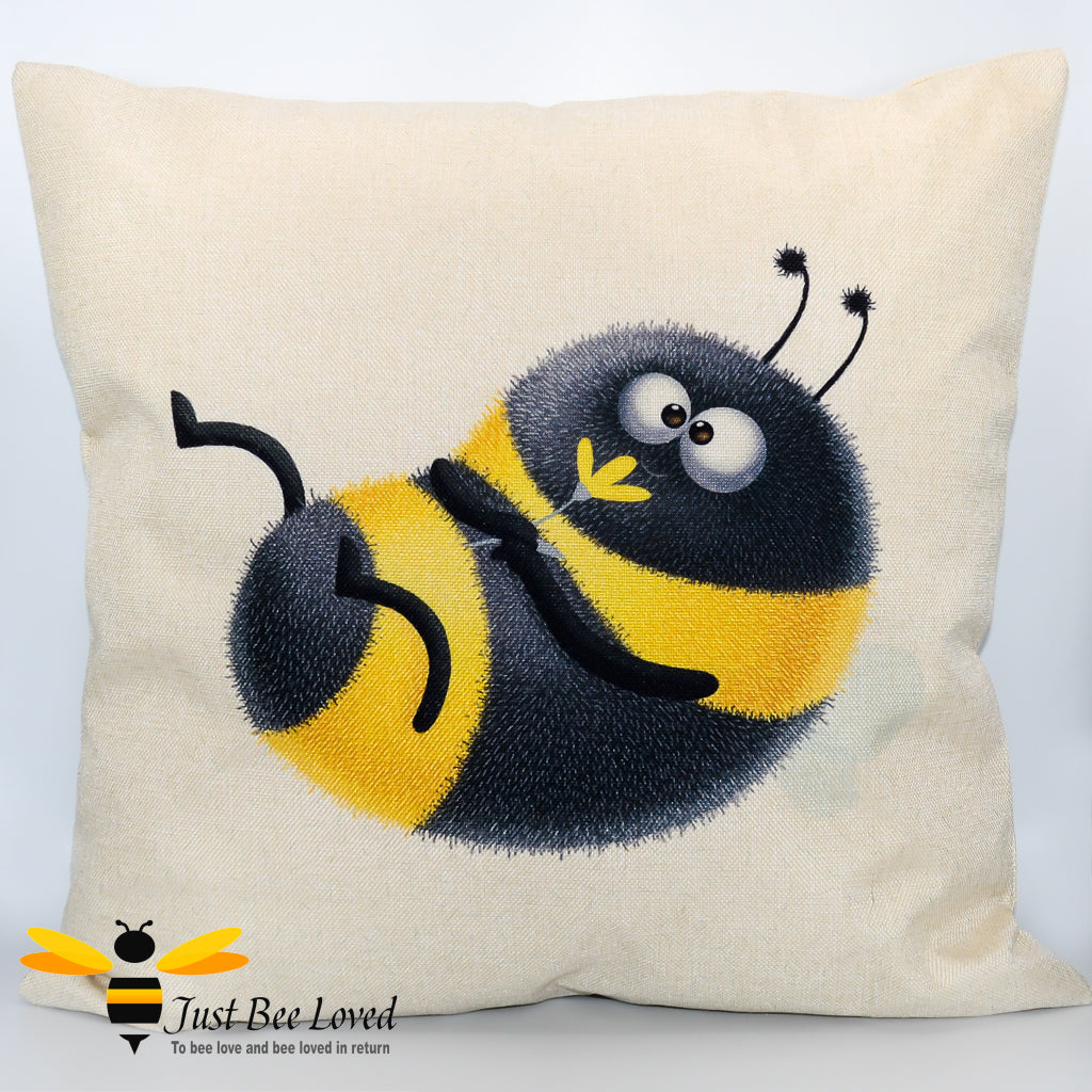Natural coloured scatter cushion featuring a playful cute bumblebee holding a flower.