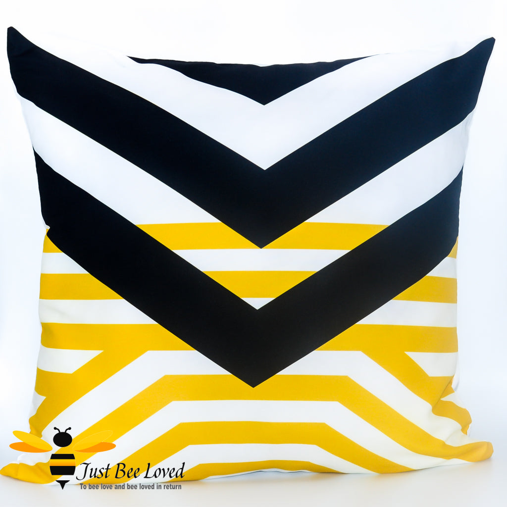 Contemporary styled cushion featuring a black and yellow geometric design on a white background.
