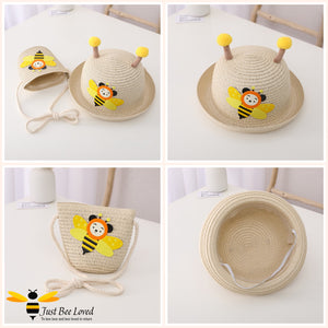 natural matching beige straw hat and handbag set each decorated with a colourful applique bumblebee; hat features playful bee antennae