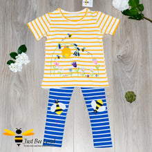 Load image into Gallery viewer, Girl&#39;s summer yellow striped T-shirt embroidered with honey bees, beehive and flowers with blue striped bumblebee leggings