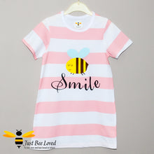Load image into Gallery viewer, girl&#39;s pink &amp; white striped nightdress featuring a cartoon bee with &quot;smile&quot; text