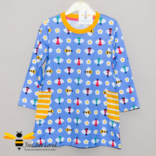 Load image into Gallery viewer, long sleeved thick cotton dress featuring an all over print of colourful bees.