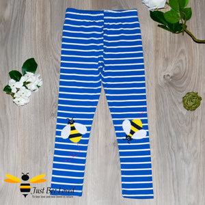 blue striped leggings featuring colourful bumblebee appliques at the knees.