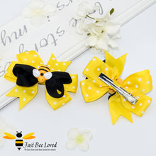 Load image into Gallery viewer, ribbon bow hair clip featuring a bumblebee on a pre-tied black and yellow &amp; white polka dot double bow.