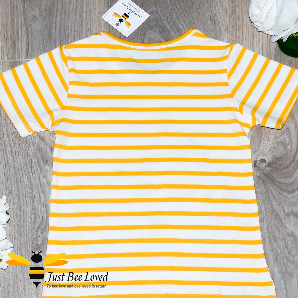 Girl's summer yellow striped T-shirt embroidered with honey bees, beehive and flowers.