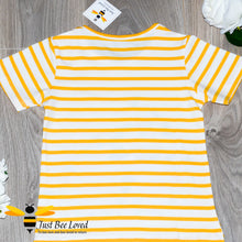Load image into Gallery viewer, Girl&#39;s summer yellow striped T-shirt embroidered with honey bees, beehive and flowers.