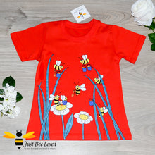 Load image into Gallery viewer, red T-shirt featuring a vibrant print of cartoon honey bees collecting buzzing around carrying their honey-pots
