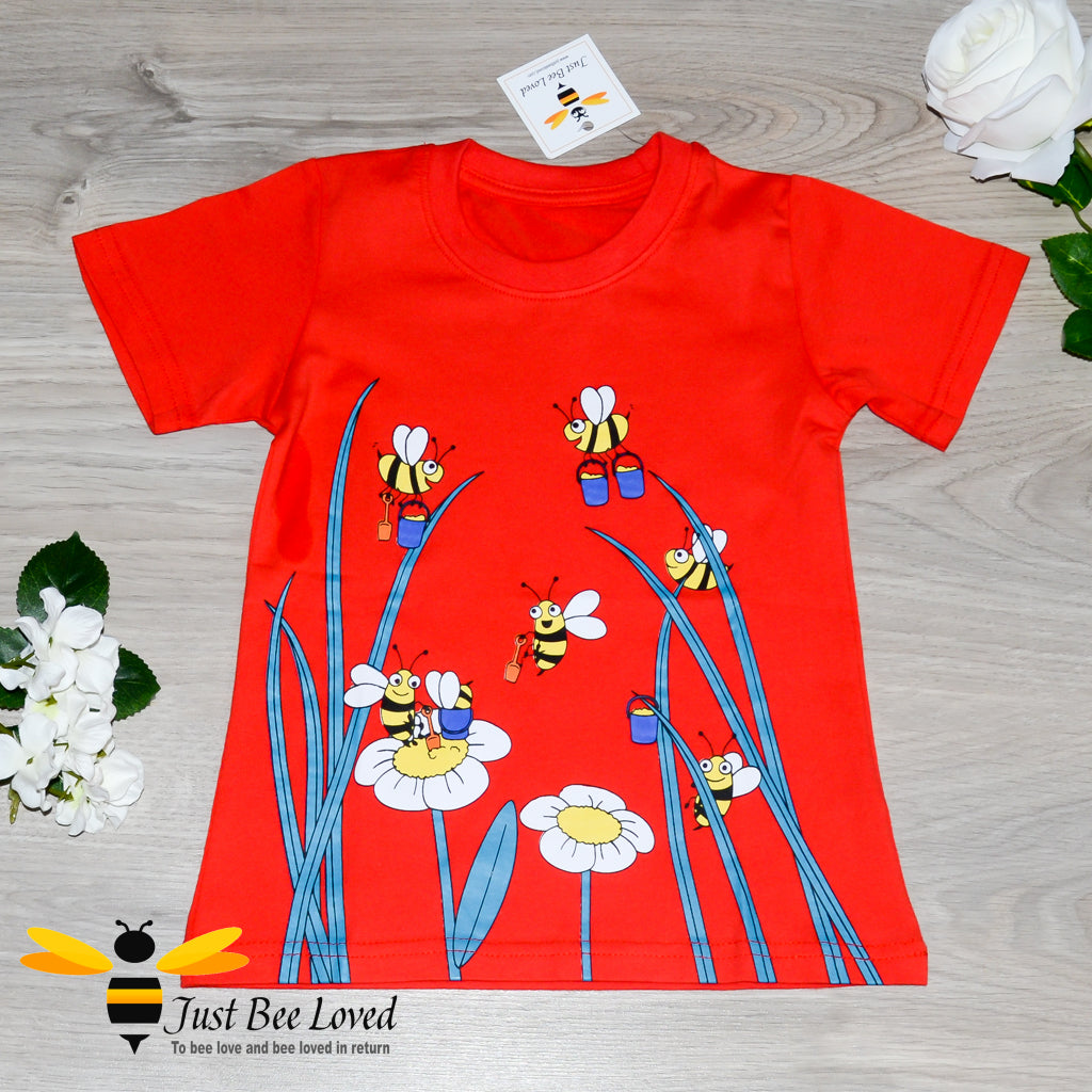 red T-shirt featuring a vibrant print of cartoon honey bees collecting buzzing around carrying their honey-pots