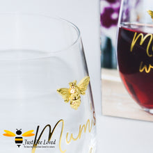 Load image into Gallery viewer, Stemless wine glass with &quot;Mum&#39;s Wine&quot; text and gold bee decoration