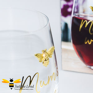 Stemless wine glass with "Mum's Wine" text and gold bee decoration