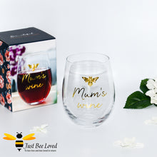 Load image into Gallery viewer, Stemless wine glass with &quot;Mum&#39;s Wine&quot; text and gold bumblebee decoration
