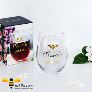 Stemless wine glass with "Mum's Wine" text and gold bumblebee decoration
