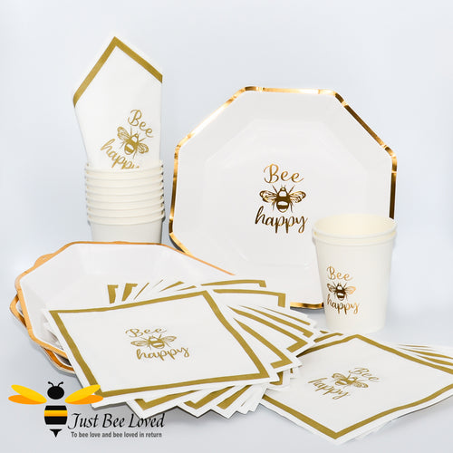 Cream and gold paper party 35 piece set with gold bee and bee happy text