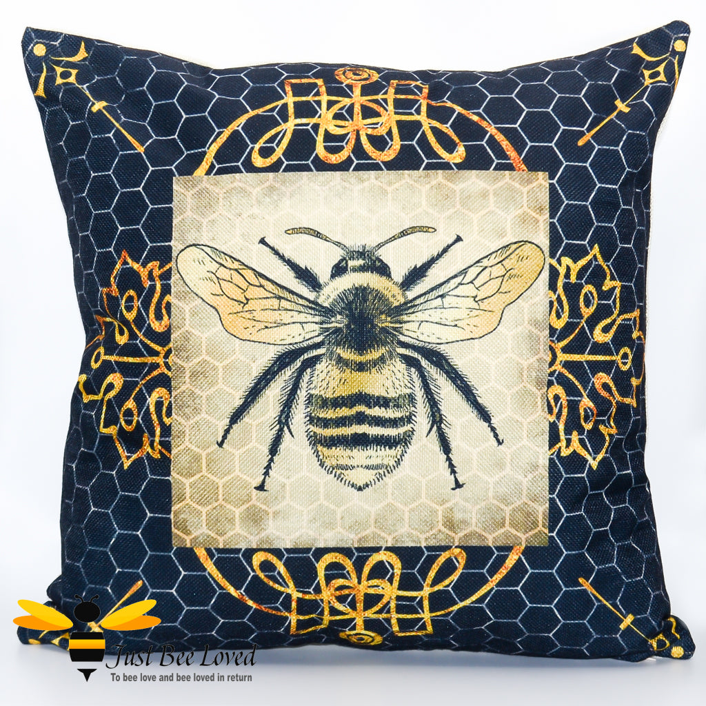 navy scatter cushion featuring a golden bumblebee on a honeycomb background with gold leaf design.