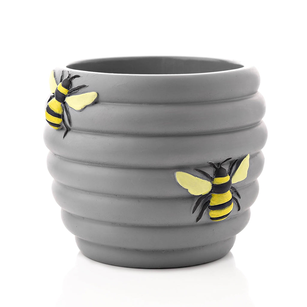 Grey hive shaped planter pot with 3 hand painted bees