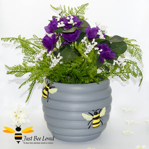 Grey hive shaped planter pot with 3 hand painted bees