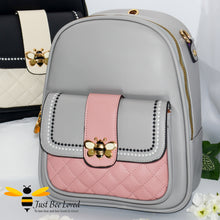 Load image into Gallery viewer, PU leather backpack featuring quilted flap-over front compartment with gold and cream bumblebee buckle clasp in grey and pink colour