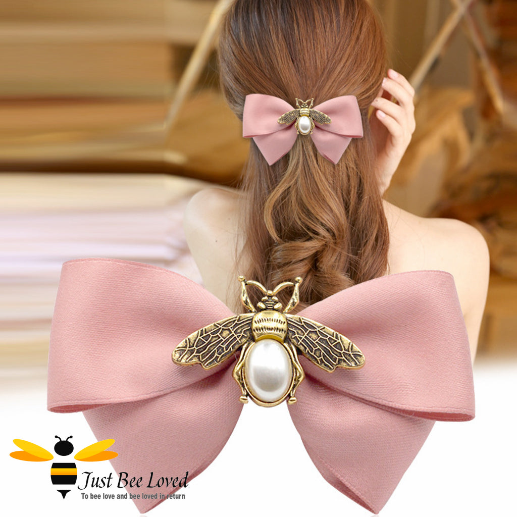Women's pink pearl bee hair clip bow