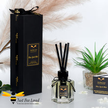 Load image into Gallery viewer, Vegan hexagon glass reed diffuser with bee, short chunky black reeds, fragrance blue spirit mist