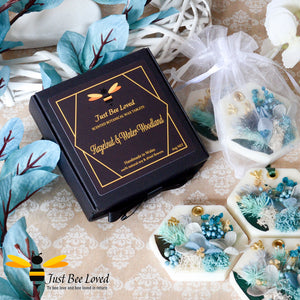 Gift boxed scented botanical wax tablets decorated with gold bee and blue natural dried flowers.