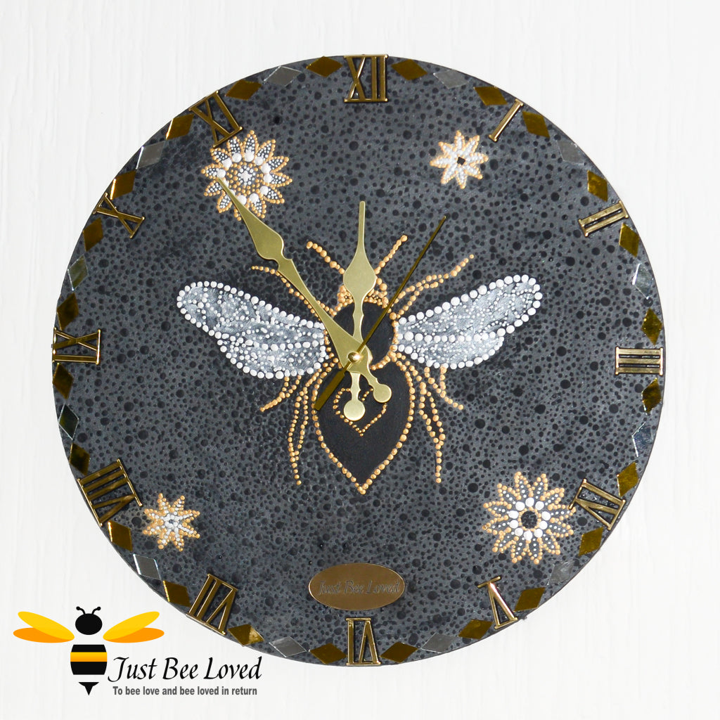 Handmade hand painted mandala art black and gold wooden bee wall clock by Just Bee Loved