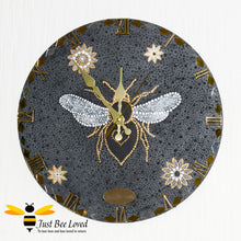 Load image into Gallery viewer, Handmade mandala art black and gold wooden bee wall clock by Just Bee Loved